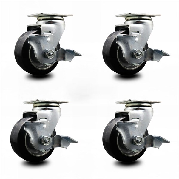 Service Caster 4 Inch Rubber on Aluminum Swivel Caster Set with Roller Bearings and Brakes SCC-20S420-RAR-TLB-4 - main